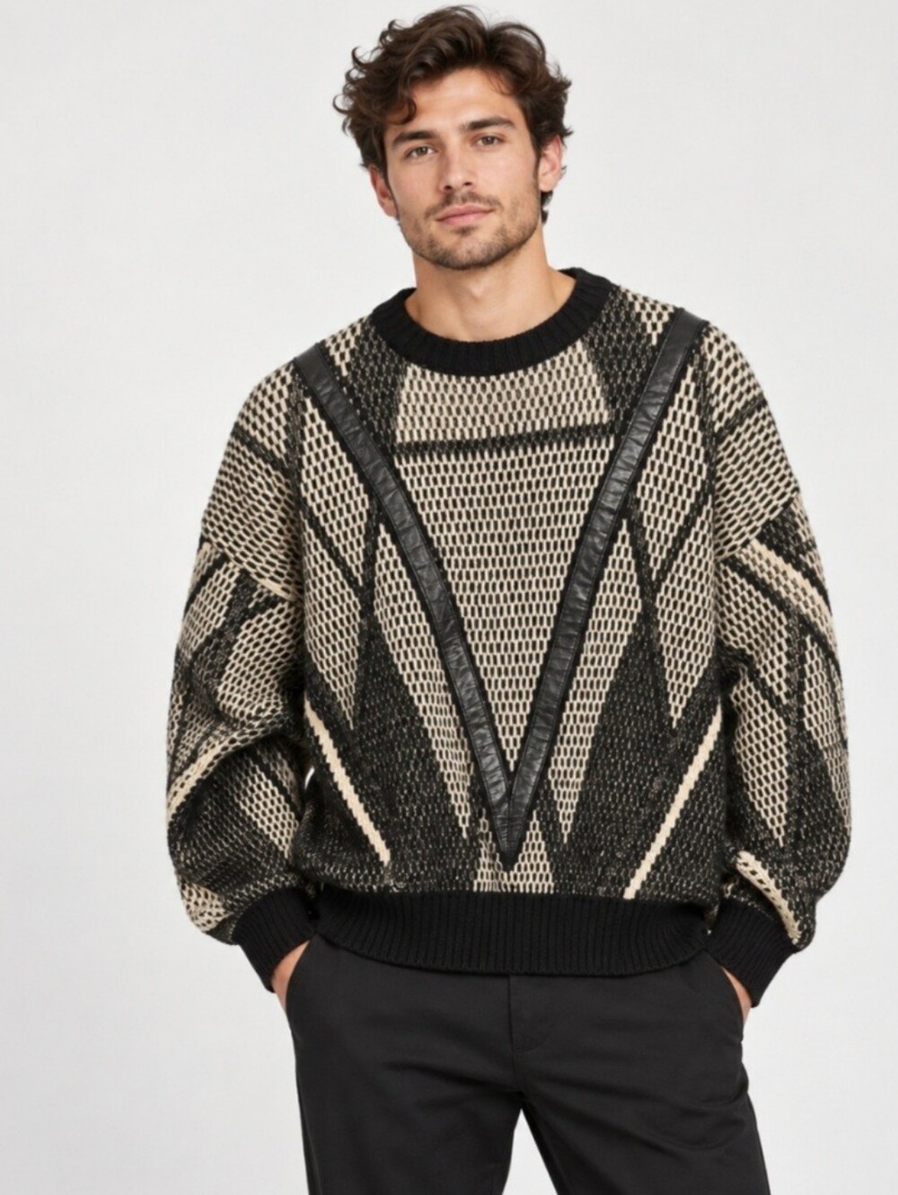 Vintage 90s Alan Stuart Leather Trim Geometric 3D Knit Grandpa Sweater 1X
